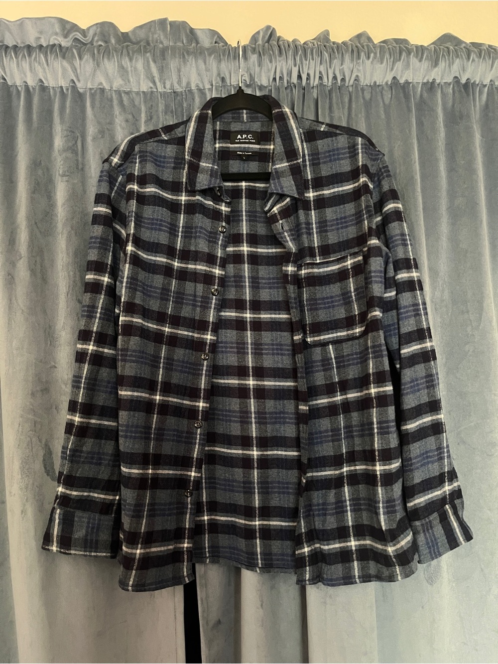 A.P.C. Men's Blue and Black Plaid Shirt Jacket